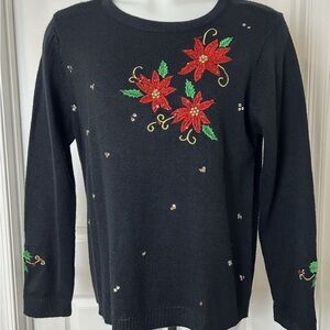 CW Classics Black Poinsettia Holiday Sweater Medium NWT Sequin Embellished